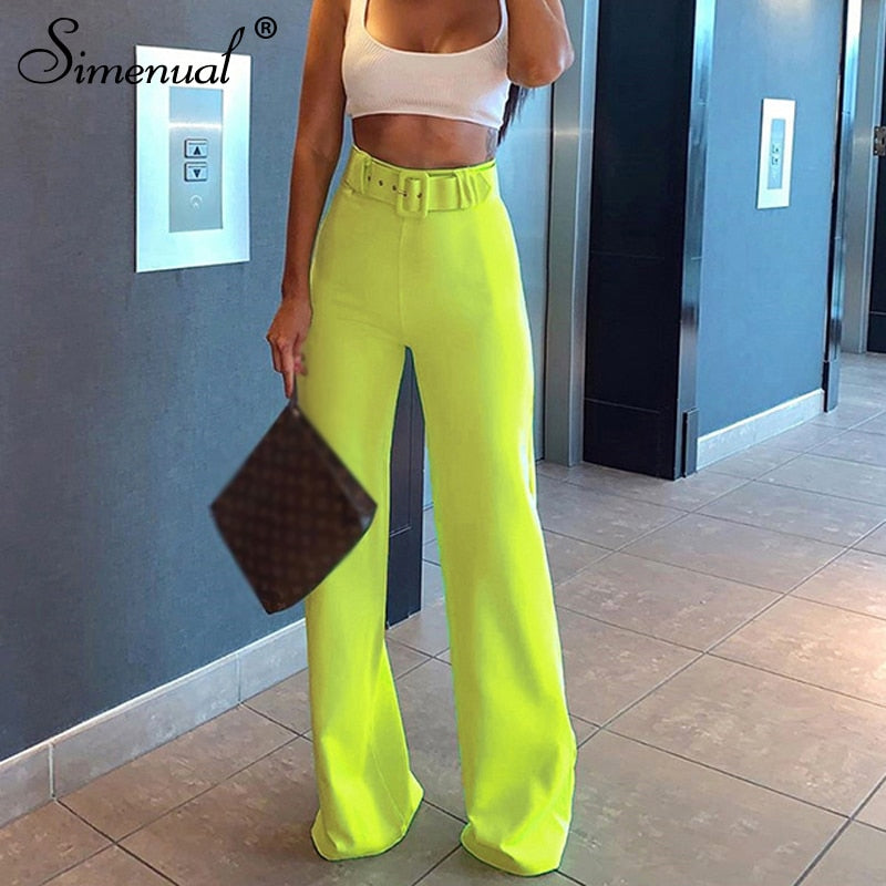 Simenual Neon Color Fashion Wide Leg Pants Women High Waist Sashes Slim Casual Long Trousers 2019 Autumn Ladies Straight Pants