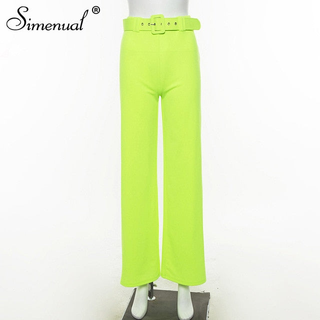 Simenual Neon Color Fashion Wide Leg Pants Women High Waist Sashes Slim Casual Long Trousers 2019 Autumn Ladies Straight Pants