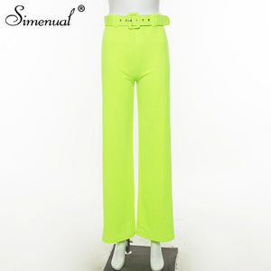 Simenual Neon Color Fashion Wide Leg Pants Women High Waist Sashes Slim Casual Long Trousers 2019 Autumn Ladies Straight Pants