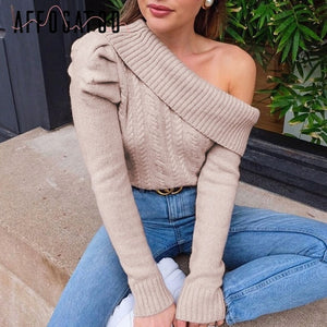 Affogatoo Sexy one shoulder knitted sweater women Casual Asymmetrical puff sleeve pullovers jumper Ladies autumn winter sweaters