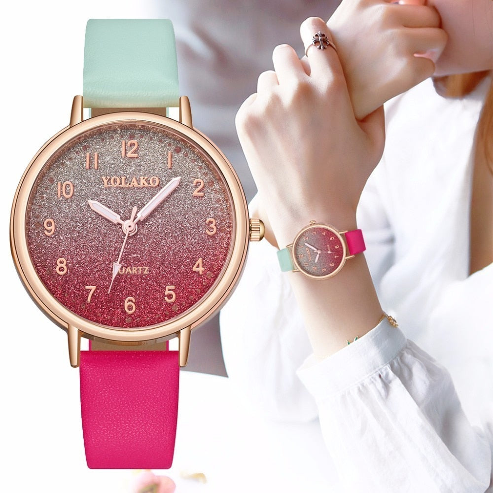 YOLAKO Brand Women Leather Gradient Starry Sky Watch Casual Luxury Ladies Quartz Watches Clock Relogio Feminino Hot Sale