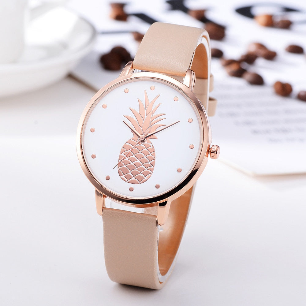 Simple Women's Watches Rose Gold Pineapple Pattern Rose Gold Disc Ladies Quartz Wristwatch Leather Strap Clock Kol Saati@50