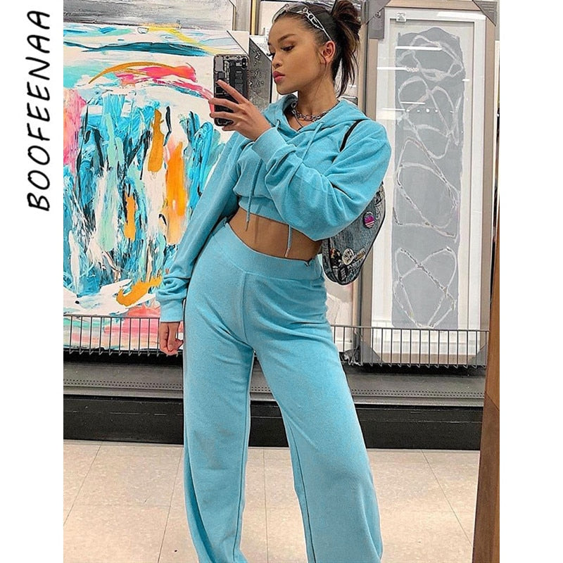 BOOFEENAA Casual Two Piece Set Tracksuit Women Fall Clothing Hoodie Long Sleeve Crop Top Wide Leg Pants Matching Sets C66-BB77