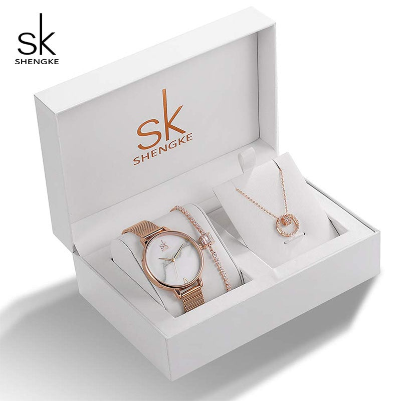 Shengke Brand Wife's Gift Women's Quartz Watch Sets Fashion Creative Crystal Design Bracelet Necklace Set Female Jewelry Set