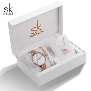 Shengke Brand Wife's Gift Women's Quartz Watch Sets Fashion Creative Crystal Design Bracelet Necklace Set Female Jewelry Set