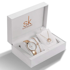 Shengke Brand Wife's Gift Women's Quartz Watch Sets Fashion Creative Crystal Design Bracelet Necklace Set Female Jewelry Set