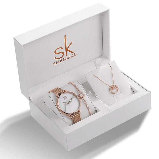 Shengke Brand Wife's Gift Women's Quartz Watch Sets Fashion Creative Crystal Design Bracelet Necklace Set Female Jewelry Set