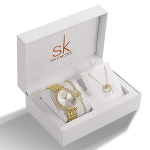 Shengke Brand Wife's Gift Women's Quartz Watch Sets Fashion Creative Crystal Design Bracelet Necklace Set Female Jewelry Set