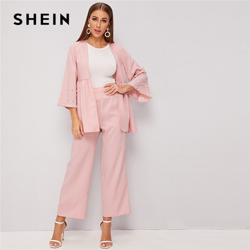 SHEIN Light Pink Pearls Beaded Coat and Wide Leg Pants Sets Autumn 2 Piece Set Women Elegant Office Ladies Outfits Two Piece Set