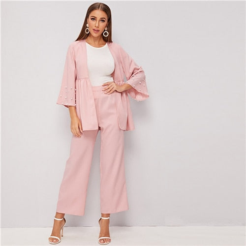 SHEIN Light Pink Pearls Beaded Coat and Wide Leg Pants Sets Autumn 2 Piece Set Women Elegant Office Ladies Outfits Two Piece Set