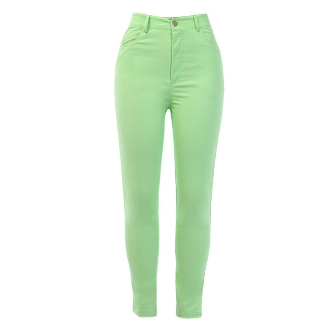 Shiny Neon Pink Green Pencil Pants High Street Women Trousers Skinny High Waist Orange Pants Ladies Long Trousers Skinny Sexy