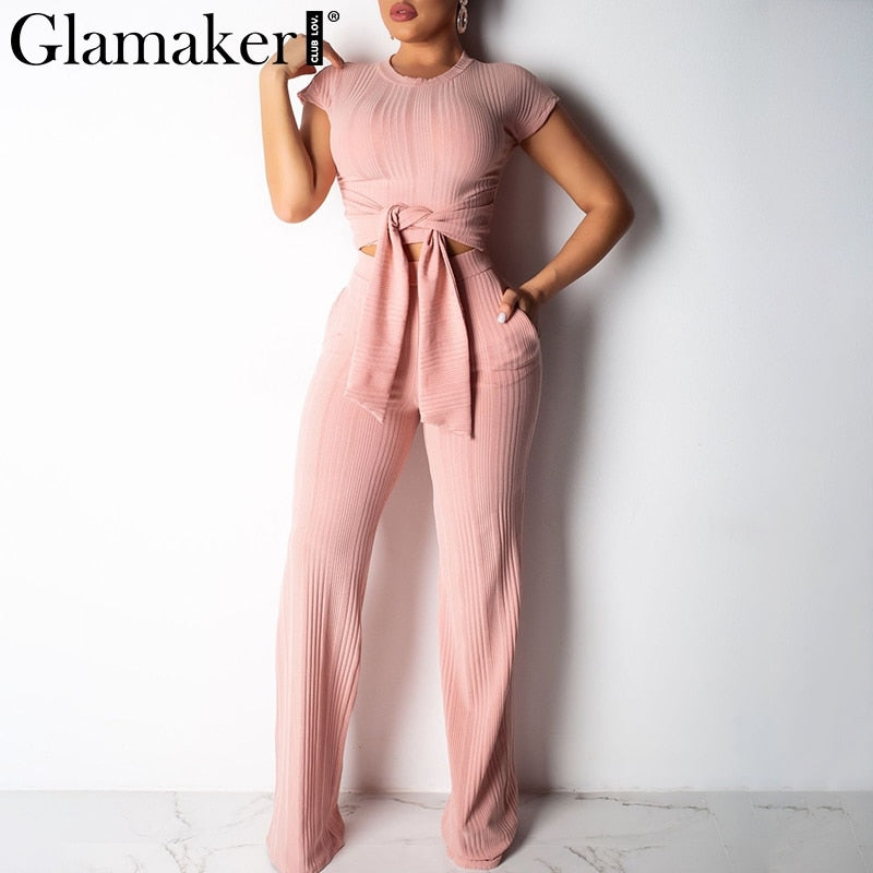 Glamaker Bodycon lace up black women jumpsuit pants autumn sexy pink fitness slim romper Female 2 piece suit party long playsuit