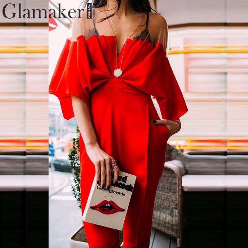 Glamaker Sexy pleated patchwork mesh autumn jumpsuit Women winter bodycon red jumpsuit & romper Female vintage jump suit overall