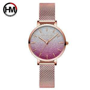 HM Stainless Steel Mesh Wristwatches Top Brand Luxury Japan Quartz Movement Rose Gold Designer Elegant Style Watches For Women