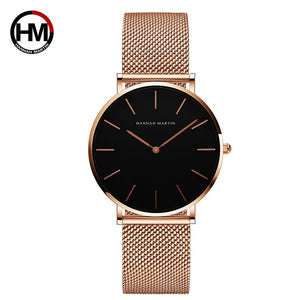 HM Stainless Steel Mesh Wristwatches Top Brand Luxury Japan Quartz Movement Rose Gold Designer Elegant Style Watches For Women