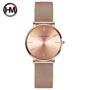 HM Stainless Steel Mesh Wristwatches Top Brand Luxury Japan Quartz Movement Rose Gold Designer Elegant Style Watches For Women