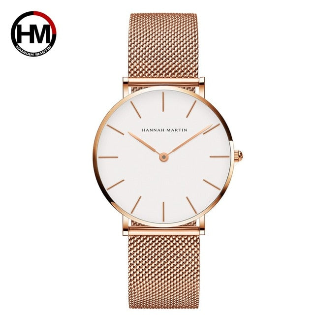 HM Stainless Steel Mesh Wristwatches Top Brand Luxury Japan Quartz Movement Rose Gold Designer Elegant Style Watches For Women