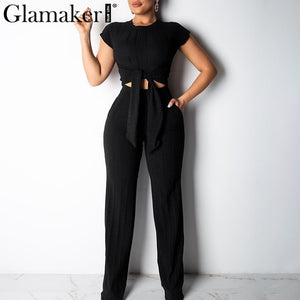 Glamaker Bodycon lace up black women jumpsuit pants autumn sexy pink fitness slim romper Female 2 piece suit party long playsuit