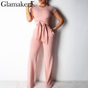 Glamaker Bodycon lace up black women jumpsuit pants autumn sexy pink fitness slim romper Female 2 piece suit party long playsuit