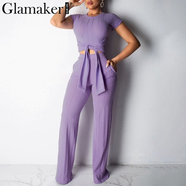 Glamaker Bodycon lace up black women jumpsuit pants autumn sexy pink fitness slim romper Female 2 piece suit party long playsuit