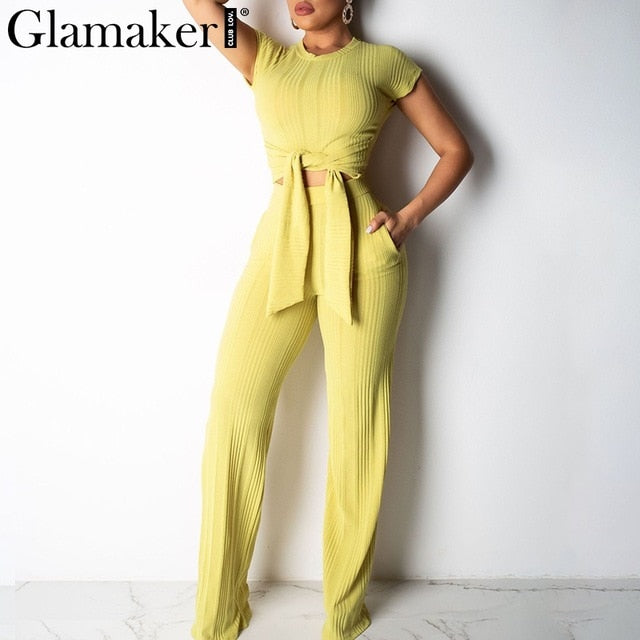 Glamaker Bodycon lace up black women jumpsuit pants autumn sexy pink fitness slim romper Female 2 piece suit party long playsuit