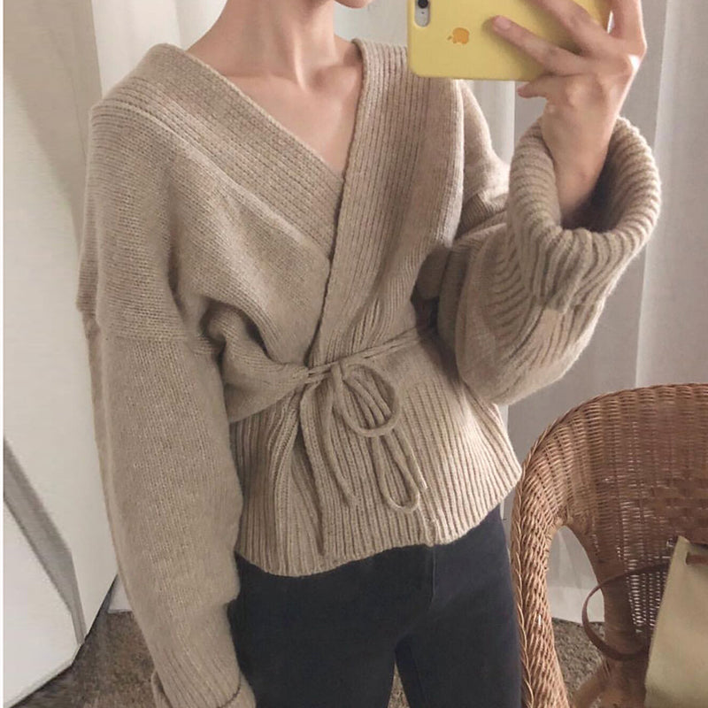 Women 2019 Sweater Coat Cardigan Autumn Winter Elegant V Neck Long Sleeve Belt Top Casual Solid Sweaters Knitwear Cardigans