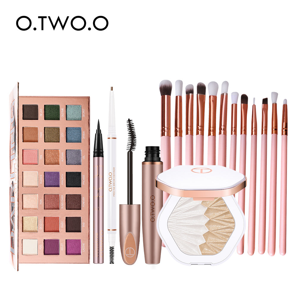 O.TWO.O 17pcs Eyes Makeup Set With 21 Color Eyeshadow Palette Waterproof Eyeliner Mascara Eyebrow Pencil Highlighter Brushes Kit