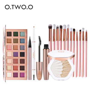 O.TWO.O 17pcs Eyes Makeup Set With 21 Color Eyeshadow Palette Waterproof Eyeliner Mascara Eyebrow Pencil Highlighter Brushes Kit