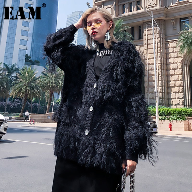 [EAM] Big Size Tassels Knitting Cardigan Sweater Loose Fit V-Neck Long Sleeve Women New Fashion Tide Autumn Winter 2019 1H884