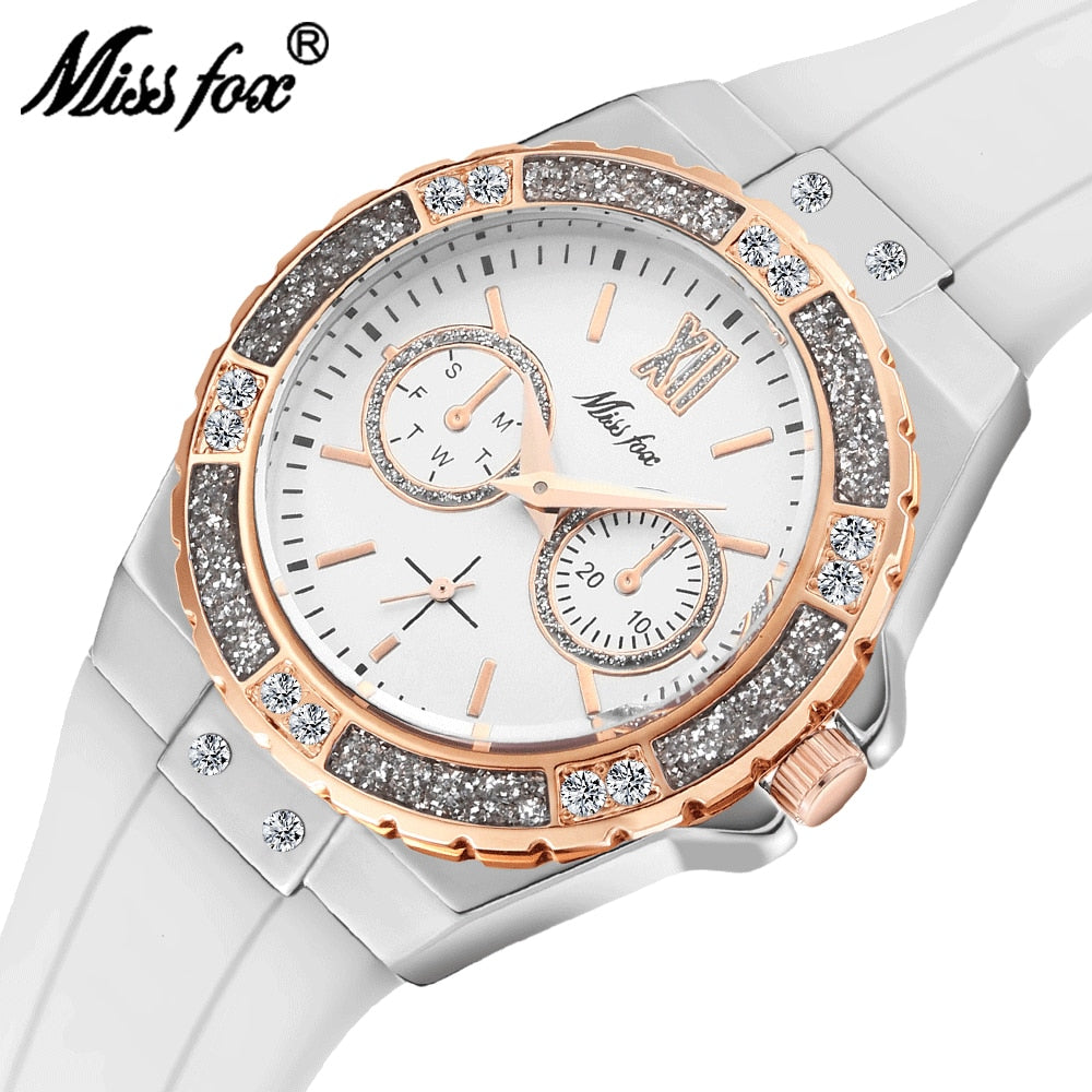 MISSFOX Watches Women Geneva Fashion Ladies Watch Luxury Diamond White Rubber Band Female Quartz Wristwatch Xfcs 2019 The New