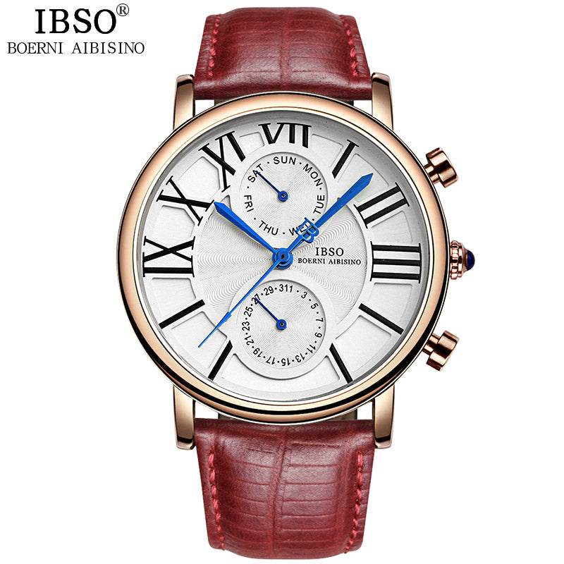 IBSO Roman Numerals Women Luxury Watch Week And Calendar High-End Multifunction Watch Women Genuine Leather Strap Montre Femme