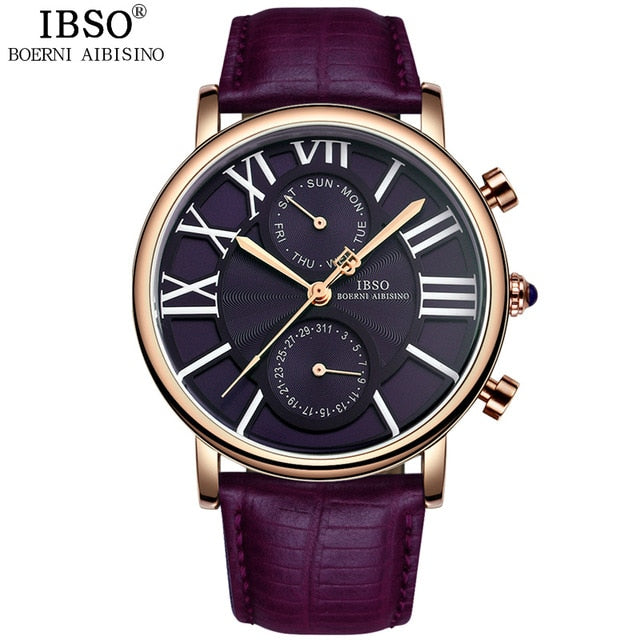 IBSO Roman Numerals Women Luxury Watch Week And Calendar High-End Multifunction Watch Women Genuine Leather Strap Montre Femme