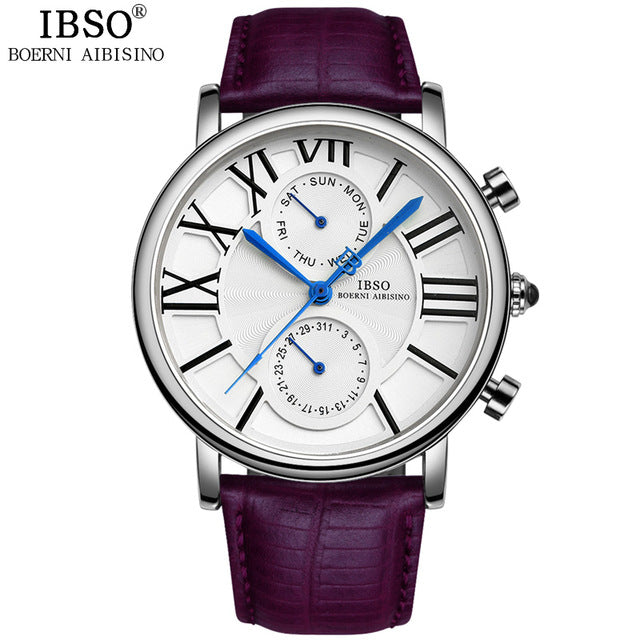 IBSO Roman Numerals Women Luxury Watch Week And Calendar High-End Multifunction Watch Women Genuine Leather Strap Montre Femme