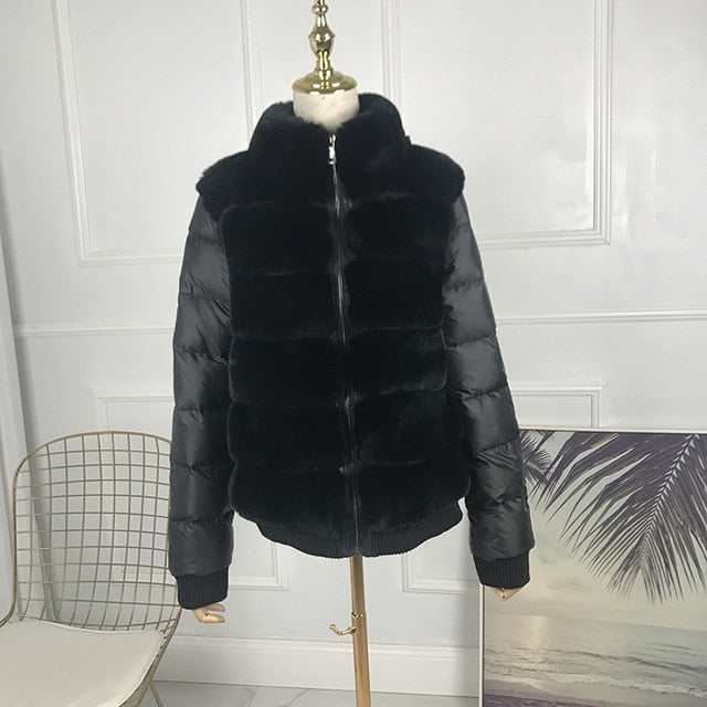 real Rabbit fur coat  Casual sports style women rex rabbit fur coat short with standing collar down sleeves  thick Warm  jacket