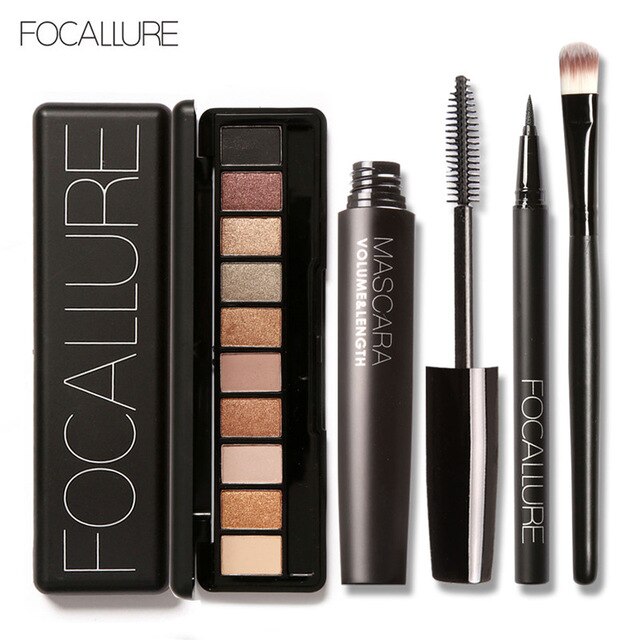 FOCALLURE 4Pcs Pro Makeup Set 10 Colors Warm Nude Colors Eyeshadow Black Mascara Eyeliner with 1Pcs Shadow Brush Kit