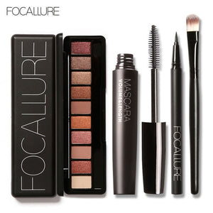 FOCALLURE 4Pcs Pro Makeup Set 10 Colors Warm Nude Colors Eyeshadow Black Mascara Eyeliner with 1Pcs Shadow Brush Kit