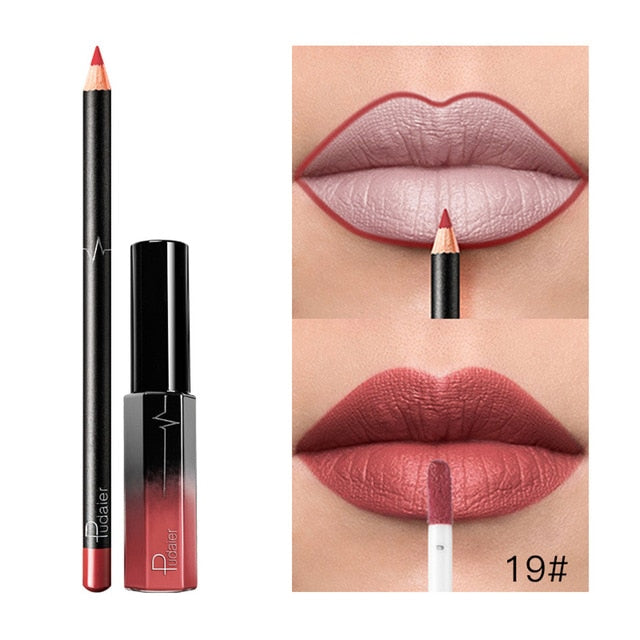 New Pudaier 1pc Long Lasting Liquid Lipstick+1PC Lip Liner Makeup Set Waterproof Matte Lip Liner Lips Gloss Set Lipsticks 33