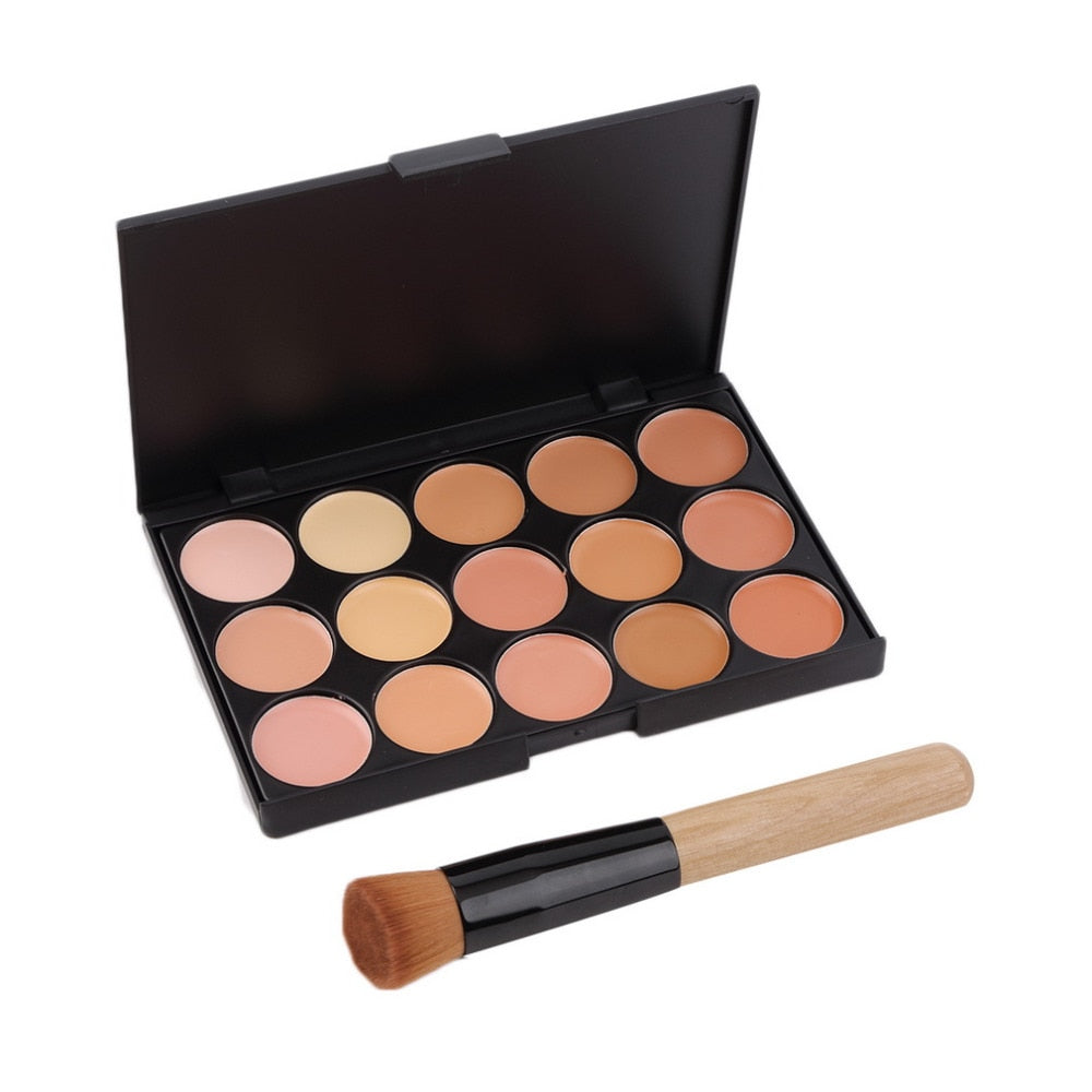 1 set make up tool set 15 Color Face Makeup Cosmetic Concealer Palette $ Wood Handle Flat Angled Brush kit Makeup Sets