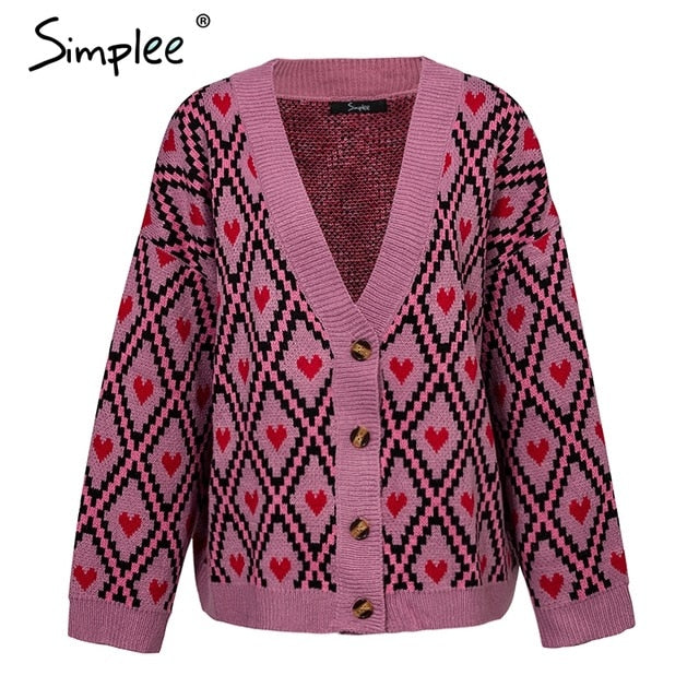 Simplee Heart print ladies knitted cardigan female Casual Single breasted jumper 2018 Autumn winter oversized women sweater tops