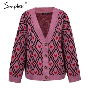 Simplee Heart print ladies knitted cardigan female Casual Single breasted jumper 2018 Autumn winter oversized women sweater tops