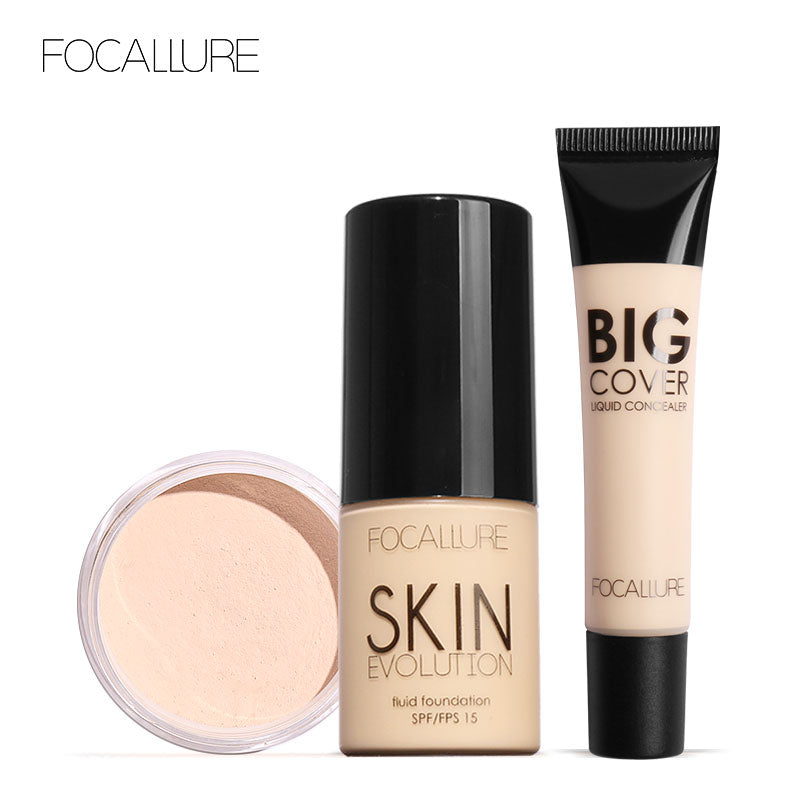 FOCALLURE 3 Pcs Base Makeup Set kit with Cream Foundation Concealer Setting Powder Professional Full Coverage Cosmetic Set